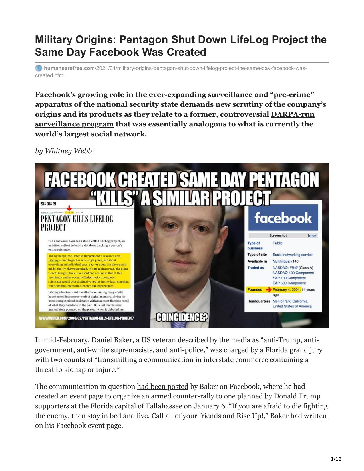 Military Origins: Pentagon Shut Down LifeLog Project the Same Day Facebook Was Created